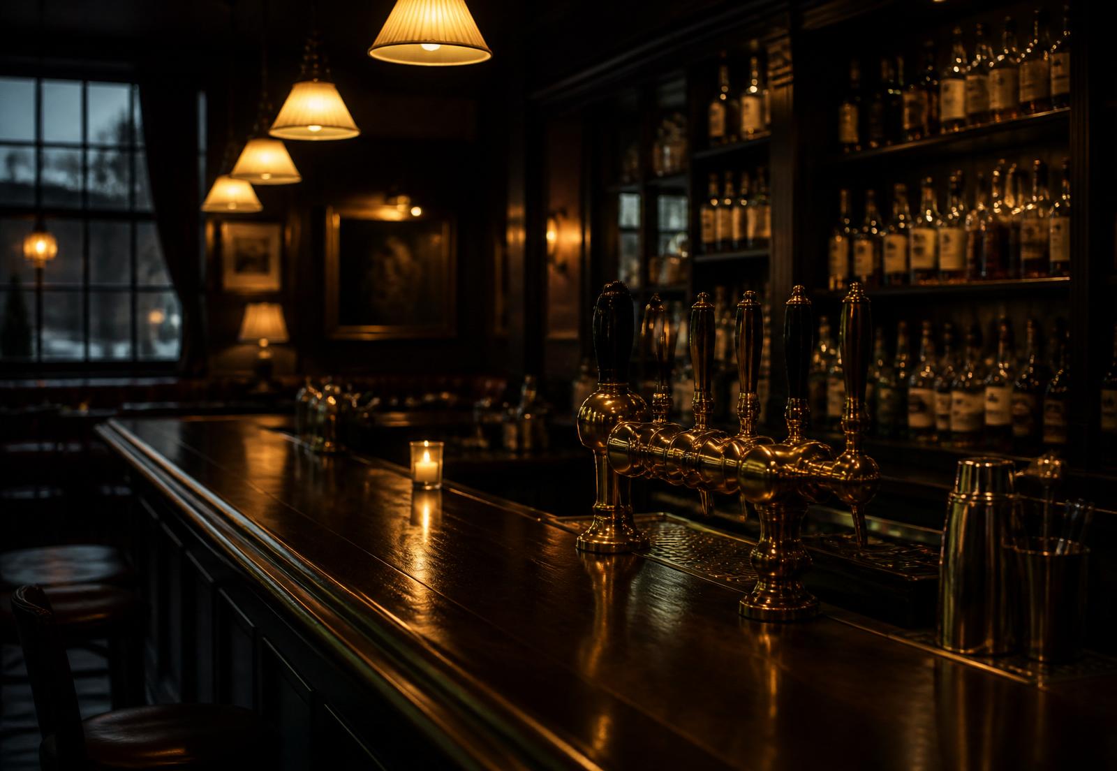 Interior of a British independent pub at dusk with brass beer pumps along a polished timber bar
