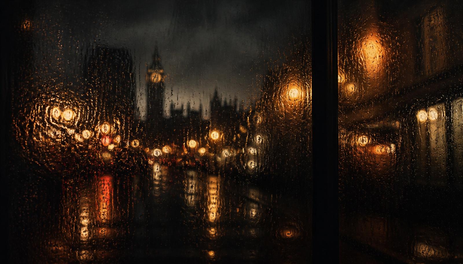 Rain-flecked pub window looking out on a London street at night